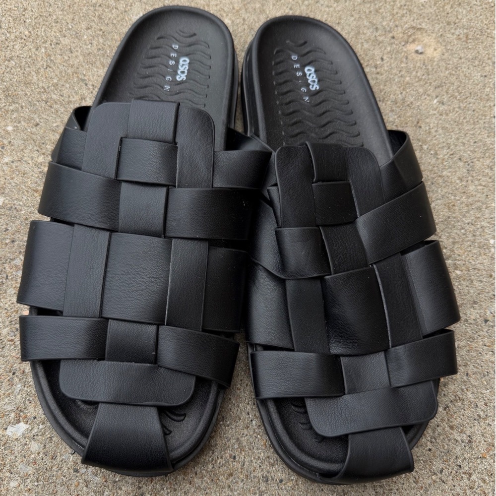 ASOS DESIGN Mens Black Woven Basketweave Slides Sandals US 12 EU 46 NEW